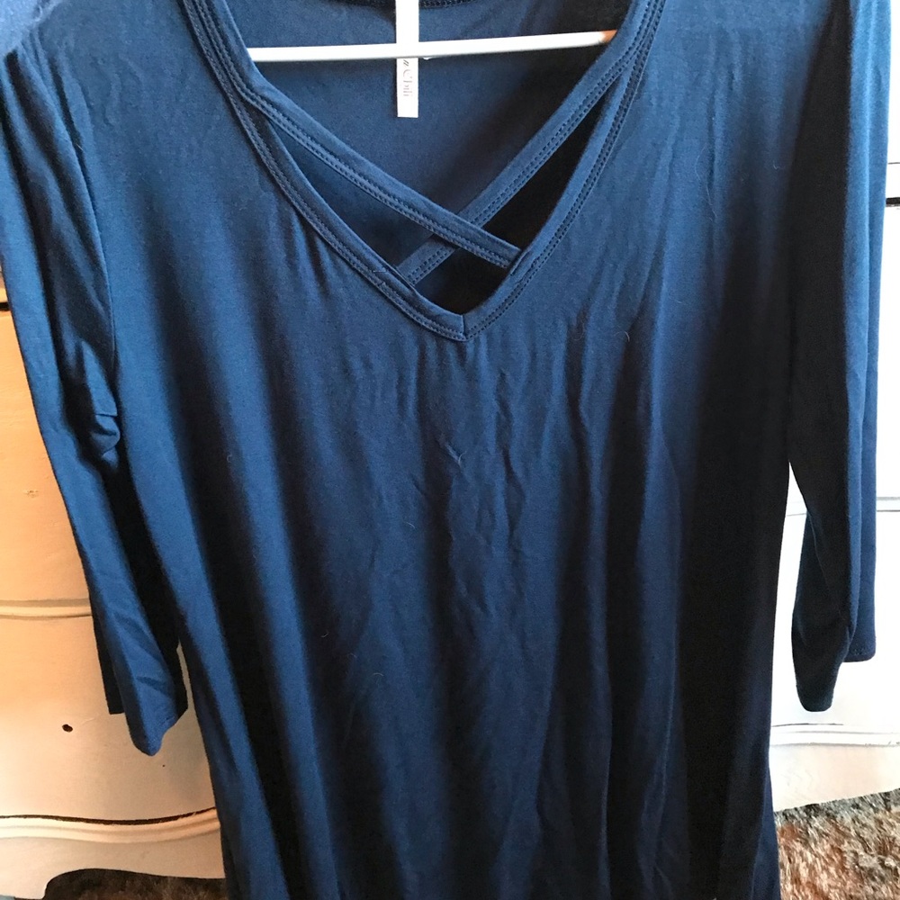 Navy blue 3/4 sleeve shirt, size small, cross cross neckline